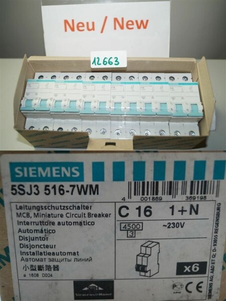 6xstück Siemens C 16 , 5SJ3516-7WM Leitungsschutzschalter, 16A , C16  230v, 1+N