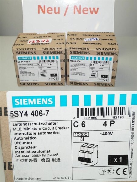 Siemens 5SY4406-7 Leistungsschutzschalter 5SY44 MCB circuit Breaker C6  4P