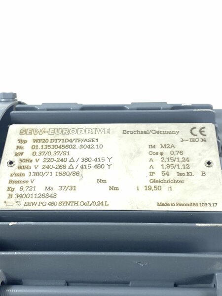 SEW 0,37 KW 71 min Getriebemotor WF20 DT71D4/TF/ASE1 Gearbox
