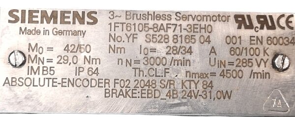 Siemens 1FT6105-8AF71-3EH0 Brushless Servomotor