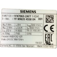 Siemens 1FK7063-2AF7 1-1CH1 Servomotor