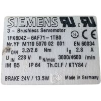 Siemens 1FK6042-6AF71-1TB0 Brushless Servomotor