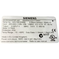 Siemens MICROMASTER 440 6SE6440-2UC17-5AA1...