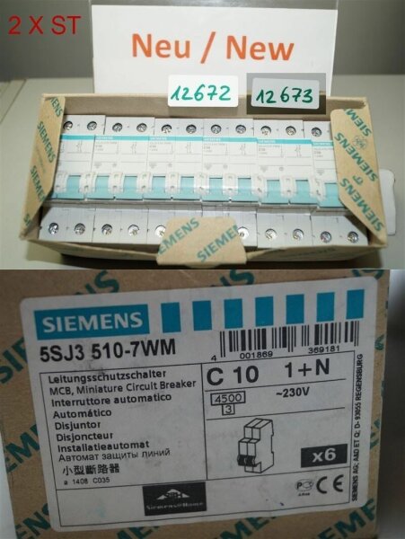 6 X Siemens C 10 , 5SJ3510-7WM Leitungsschutzschalter, 10A , C10  230v, 1+N