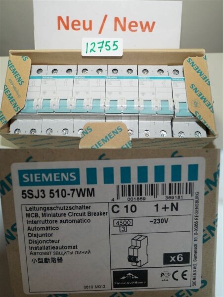 6 x  Siemens C 10 , 5SJ3510-7WM  Leitungsschutzschalter, 5SY35 , 10A , C10  230v