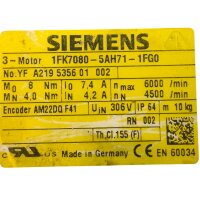 Siemens 1FK7080-5AH71-1FG0 AC-Servomotor 4500 rpm