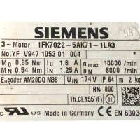 Siemens 1FK7022-5AK71-1LA3 Servomotor 174 V 6000 rpm