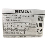 Siemens 1FL6062-1AC61-0AG1 SIMOTICS S-1FL6 Servomotor 1kW IP65