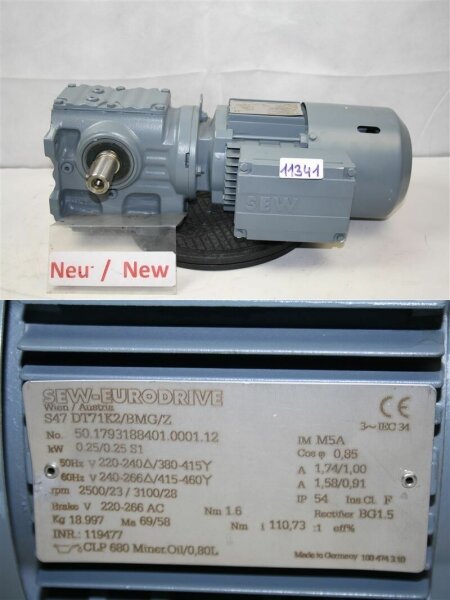 SEW 0,25 kw 23 min S47 DT71K2/BMG/Z Getriebemotor Gearbox