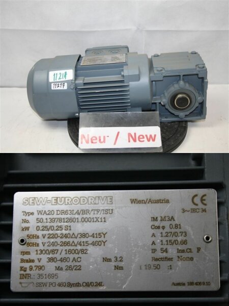 SEW  0,25 kw  67 min  getriebemotor WA20 DR63L4 Gearbox